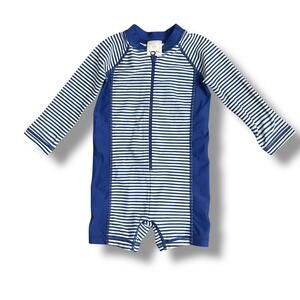 Hanna Andersson Blue Stripe Long Sleeve One Piece Rash Guard Swimsuit 75 12-18M